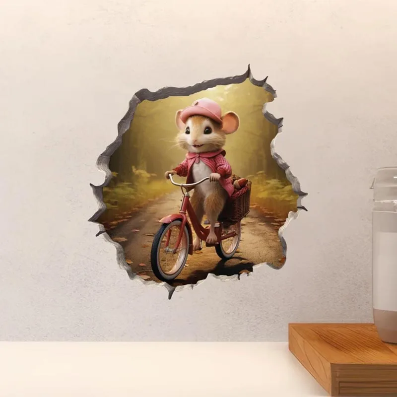 M457 Bike Ride in the Park Boy Girl Mouse in Mouse Hole Decal - Mouse Hole 3D Wall Sticker