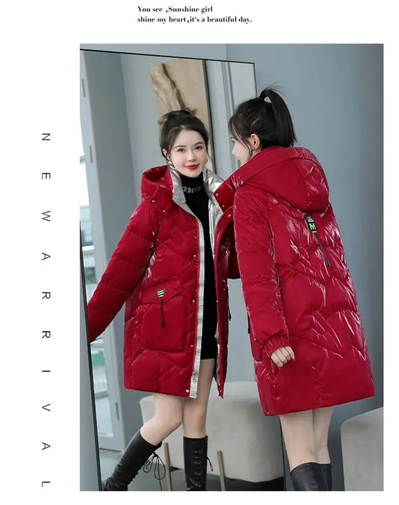 2026 Winter New Gloss Cotton Jacket Women's Medium to Long Korean Loose Coat Lady Thick Hooded Coats Female Warm Parker Overcoat