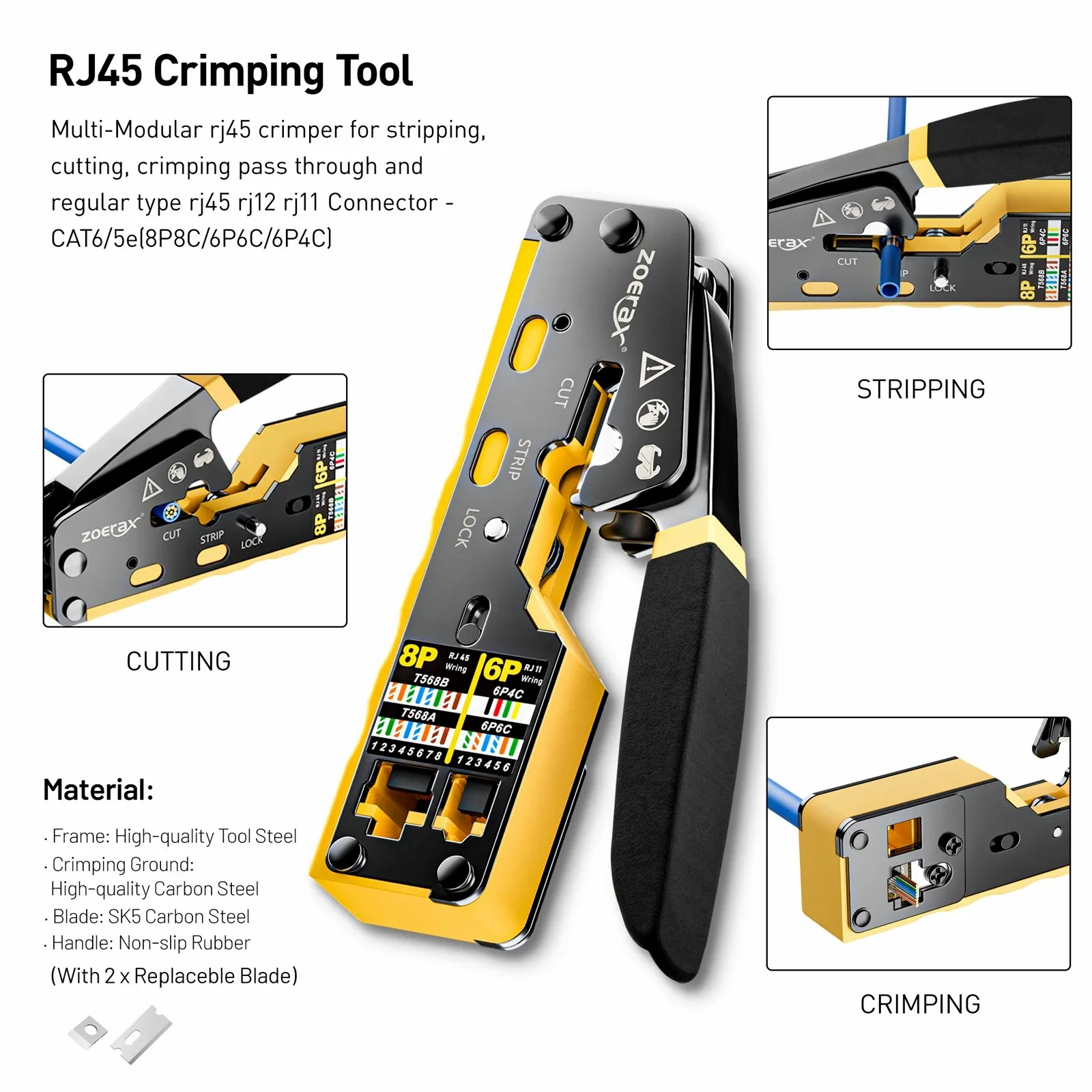 Network Tool Kit, ZoeRax RJ45 Crimp Tool kit Pass Through Crimper RJ45 Crimping Tool, Cable Tester, Punch Down Tool, Stripper