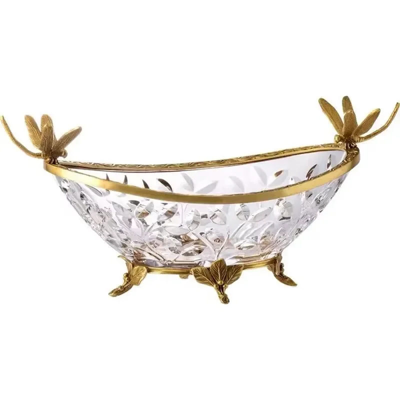Designs 2021 Newest Crytal and Brass Antique Fruit Bowl with Dragonfly Decorations for Living Room Office Hotel