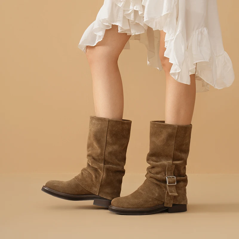 BEAUTODAY Tube Boots Women Cow Suede Leather Solid Color Round Toe Buckle Decoration Slip-On Ruched Ladies Shoes Handmade 06169