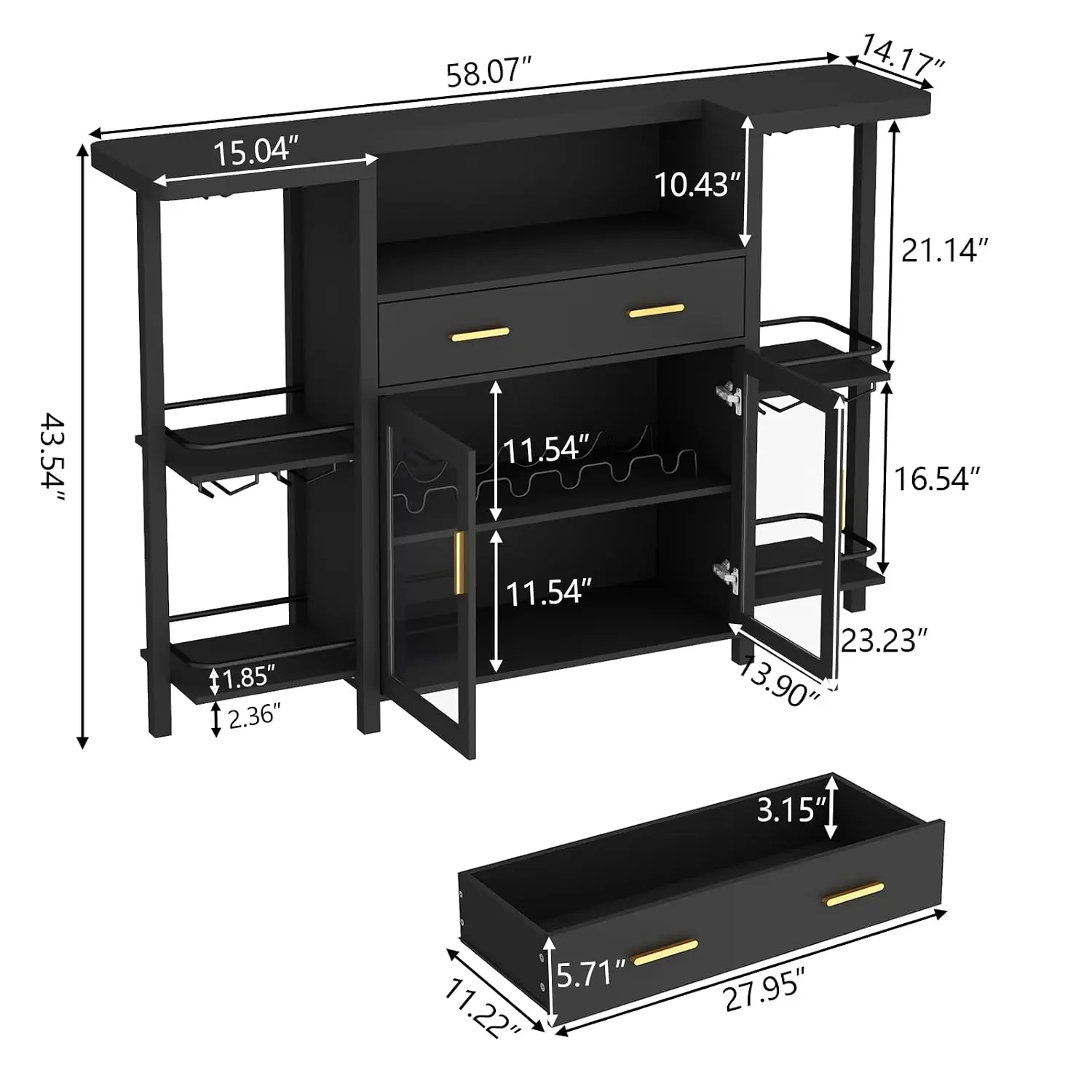 Bar Cabinet with LED Lights, 8-Tier Wine Rack & Stemware Holder, Home Bar Unit with Glass Door, Crescent Counter, Customized
