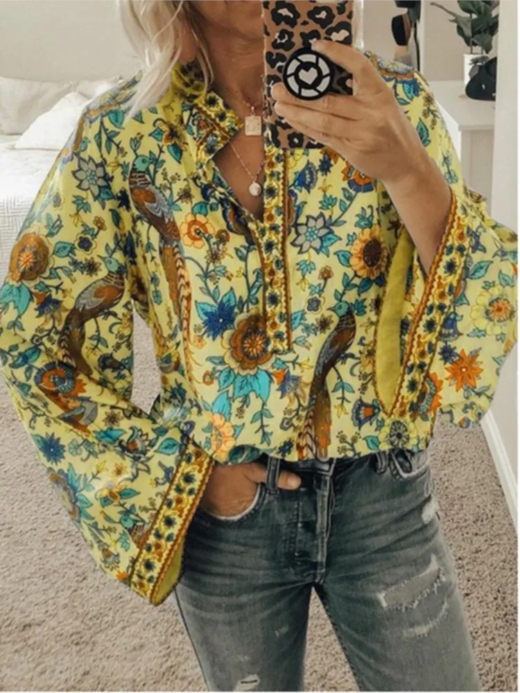 Spring Autumn New Women\'s Fashion Printed Shirt Button Long Sleeve Stand Up Collar Casual Comfortable Loose Shirt