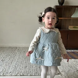 Childrens Suit Autumn New Korean Baby Bow Clip Cotton Vest Skirt Undershirt Two-piece Set Kids Clothes
