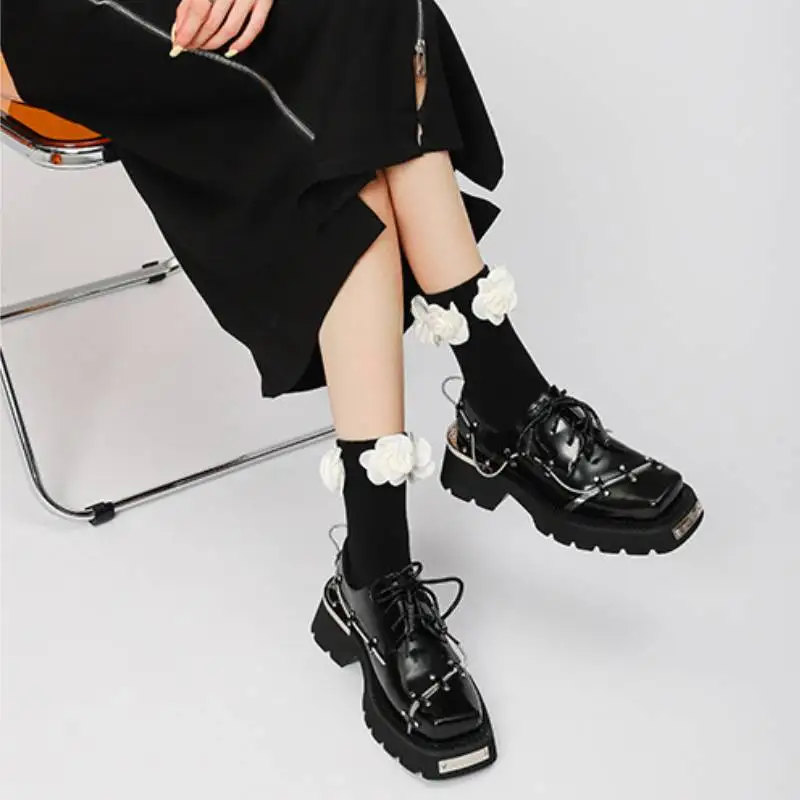 

British Style Women Derby Platform Oxford Shoe Fashion Punk Square Toe Female Black Sneakers