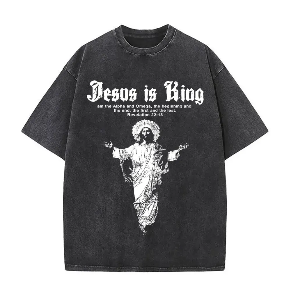 Vintage Washed Jesus Is King Graphic T-shirt Christian Religious Short Sleeve T-shirts Men Women Gothic Rock Oversized T Shirts