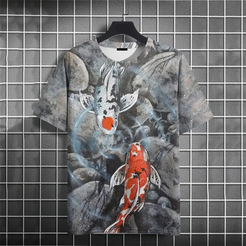 Crane Waves Pattern T-Shirt For Men Chinese Koi Fish 3D Print Tees Summer Casual Loose Short Sleeve O-Neck Tops Unisex T Shirts