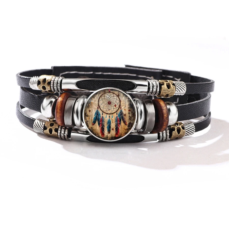 Fashion Foreign Trade Dreamcatcher Pattern Round Leather Bracelet Creative Vintage Bohemian Wrist Accessory