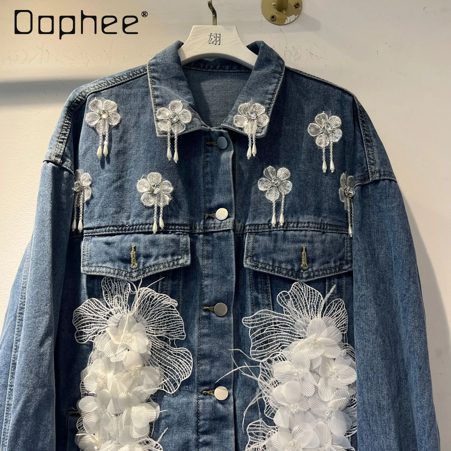 النمط الأوروبي العصرية الدانتيل المرقعة 3D الدينيم الستر للنساء المألوف عارضة التخسيس حجم كبير أعلى سترة عارضة فريدة من نوعها