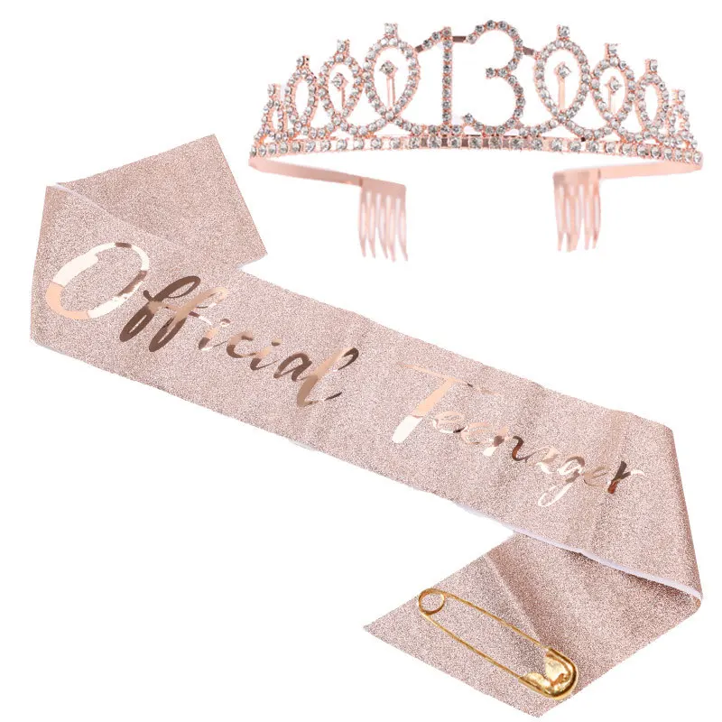 2pcs/set 13th 15th 18th Birthday Sash and Tiara for Girls Rose Gold Birthday Sash Crown for Happy Birthday Party Favor Supplies