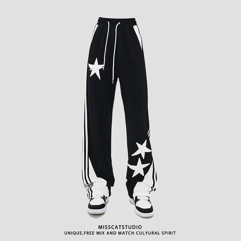 

Korean high street straight draped embroidered star casual pants for men and women with design wide-leg floor-length trousers