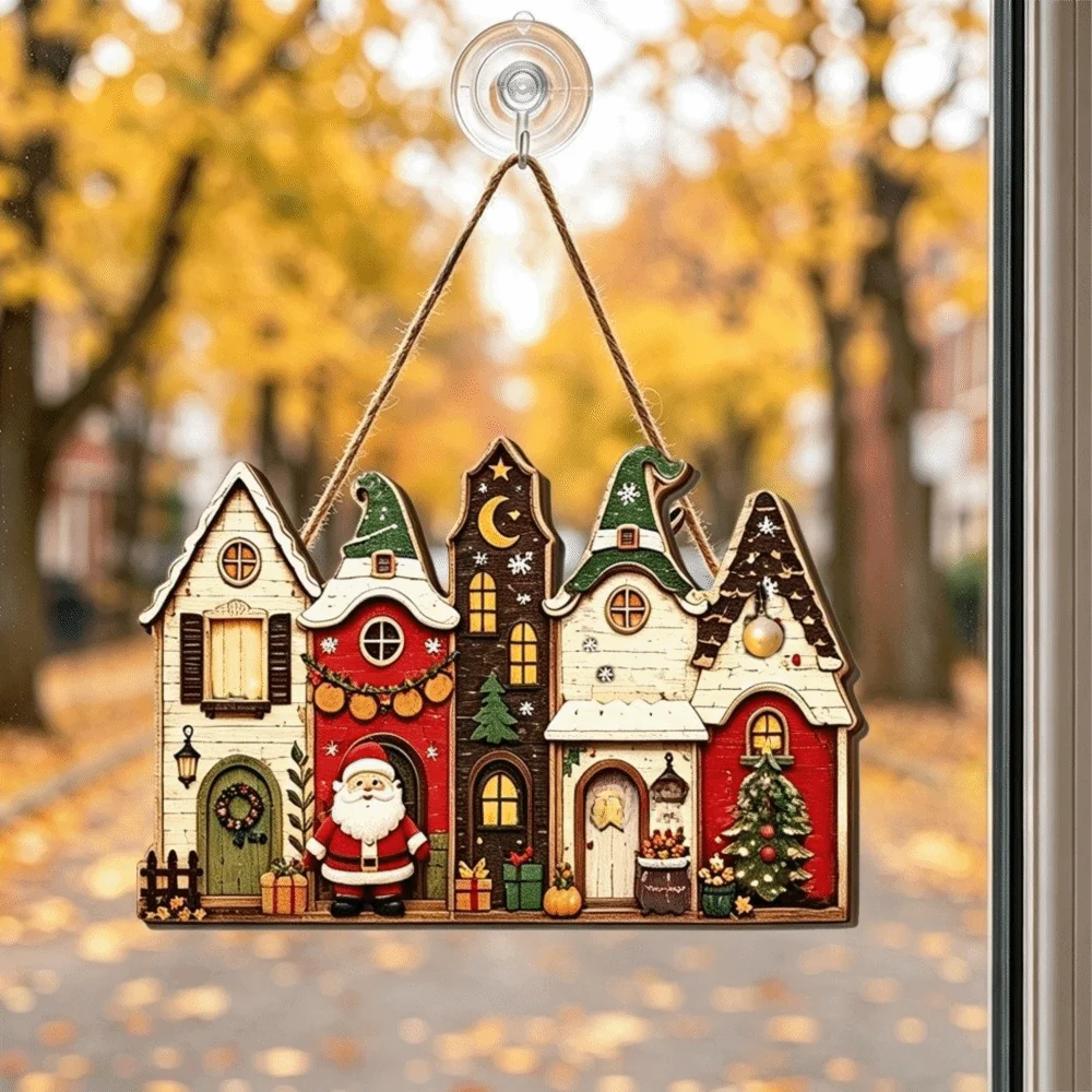 2D Flat Print Christmas Wooden Decoration Sign Santa Claus Snowman Xmas Ornaments Rustic Style Cottage Shape Doorplate Christmas