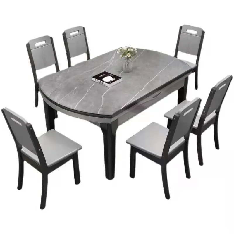 

Italian light luxury rock slab dining table and chair combination modern simple telescopic folding solid wood round home