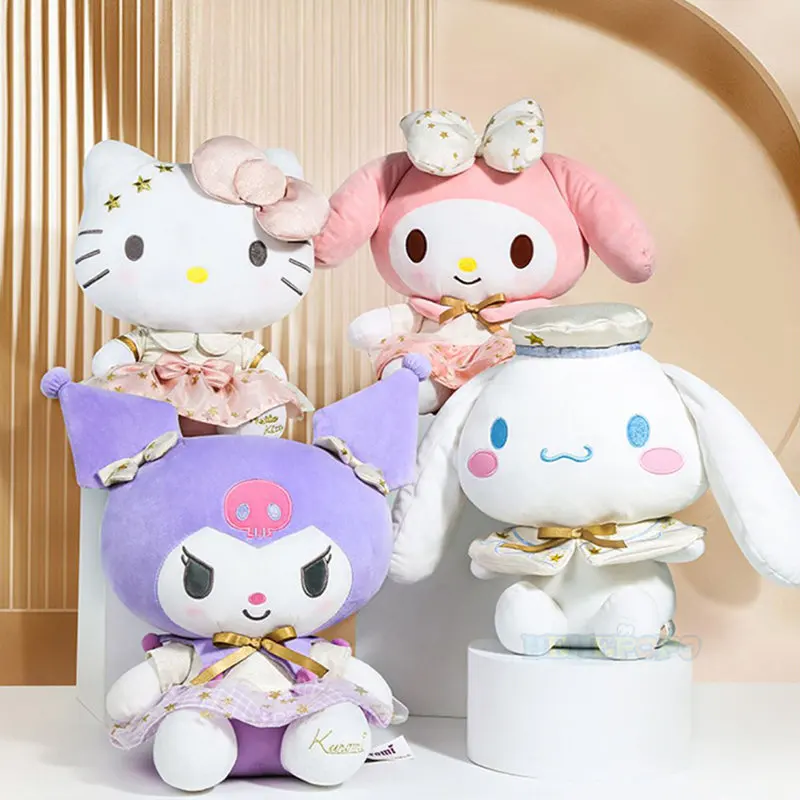 

Sanrio Cartoon Kawali Kuromi Hello Kitty My Melody Cinnamoroll Plush Toys White Gold Series Sanrio Peluches for Kid Gift