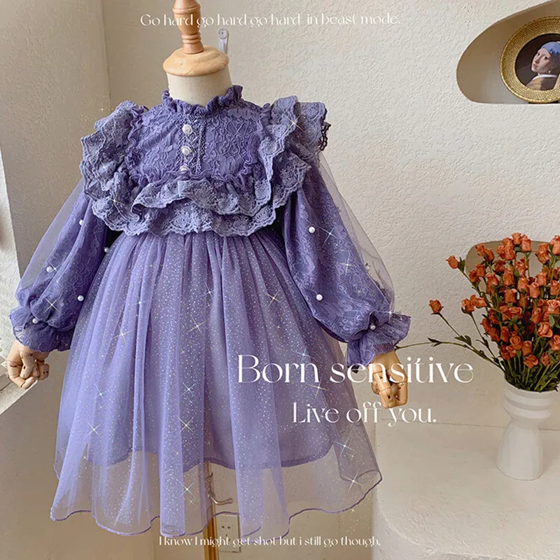 2025 Autumn Spring 2 3 4 6 8 10 12 Years Children Princess Ball Gown Party Long Sleeve Patchwork Lace Dress For Kids Baby Girls