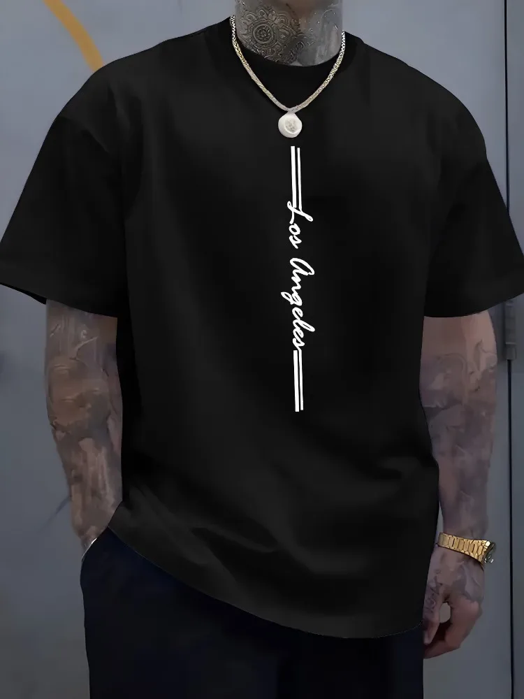 Mens Loose Cotton Tee Vertical Los Angeles Cursive Letter Minimal Line Print Casual Urban Male Short Sleeve Street Fashion Top