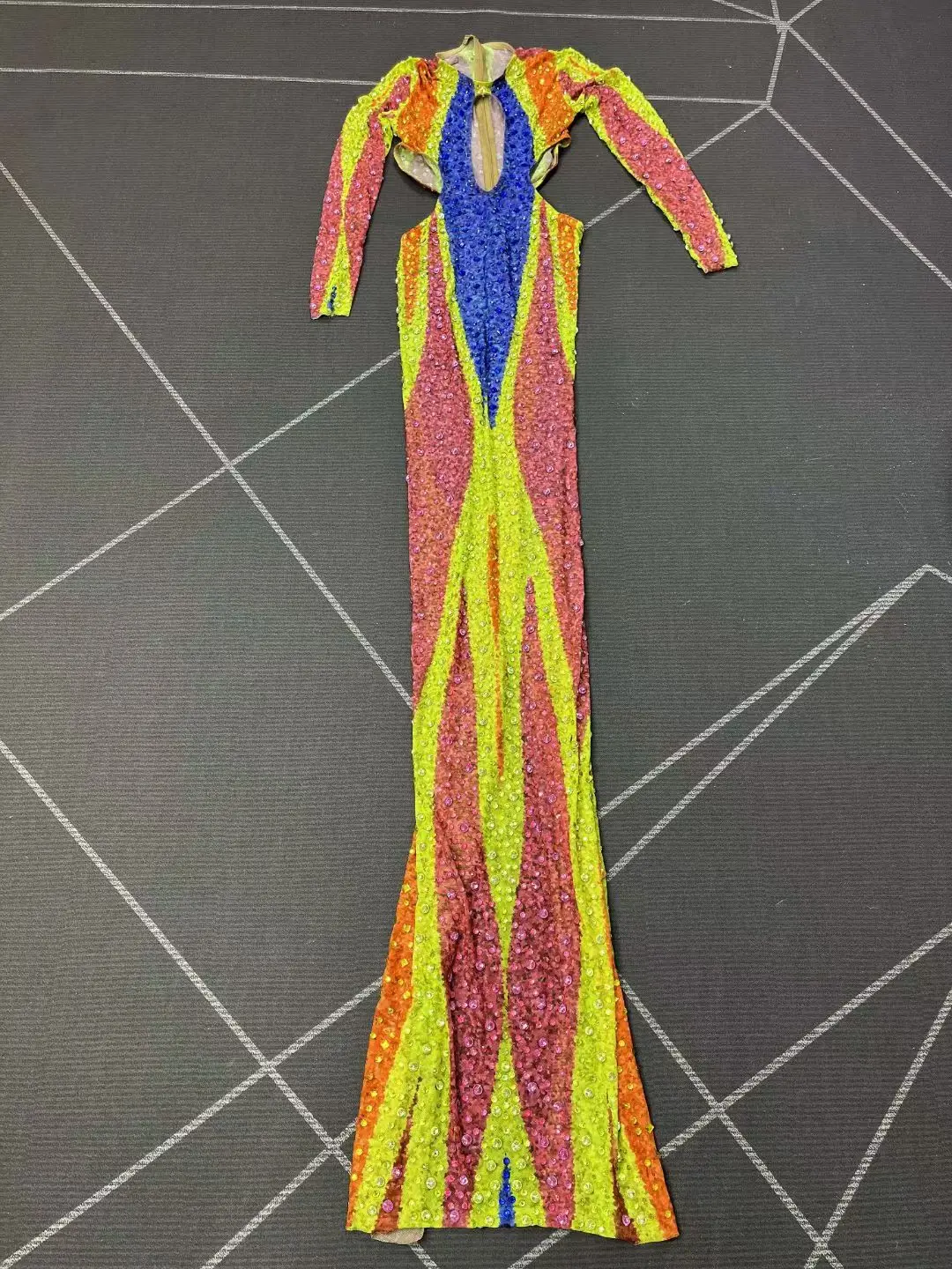 High-End-Mode Frauen Bunte Gedruckt Strass Mesh Kleid Sexy Cut Out Bodycon Maxi Lange Promi Abend Party Kleider