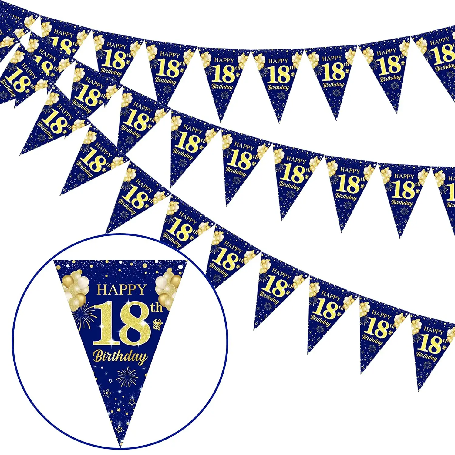 

Navy Blue Birthday Banners for Boys and Girls, Happy 18th Birthday, Triangle Flags, Bunting, Decorations, 3 Pack, Gold