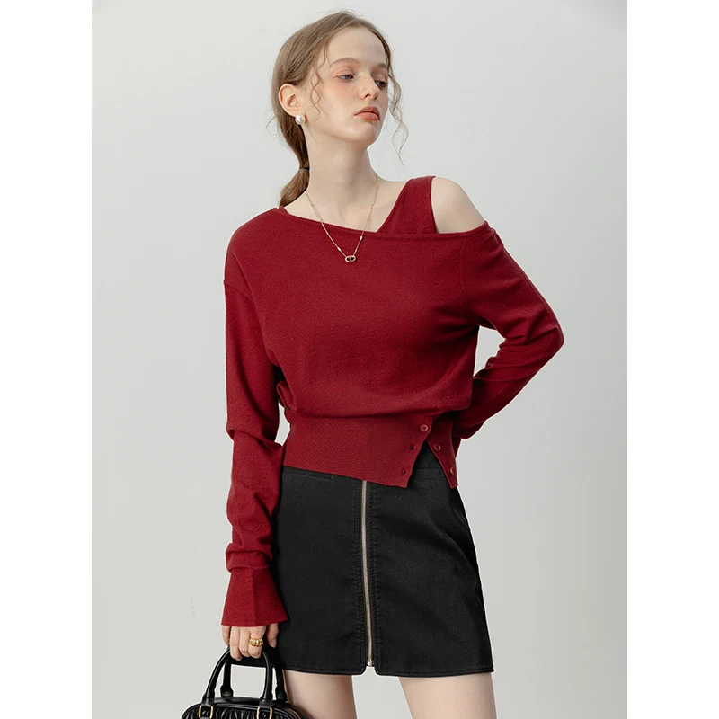 Eggka Autumn Off the Shoulder Knitwear Women Casual Solid Asymmetric Collar Tops Female 2-Piece Knitted Shirts Korean Style 2024