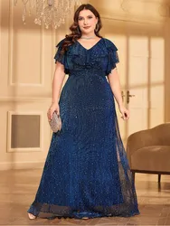 Plus Size V-Neck Blue Colorful Polka Dot Floor-Length Sparkling Evening Dress Big Size Luxury Dinner Blue Evening Dress