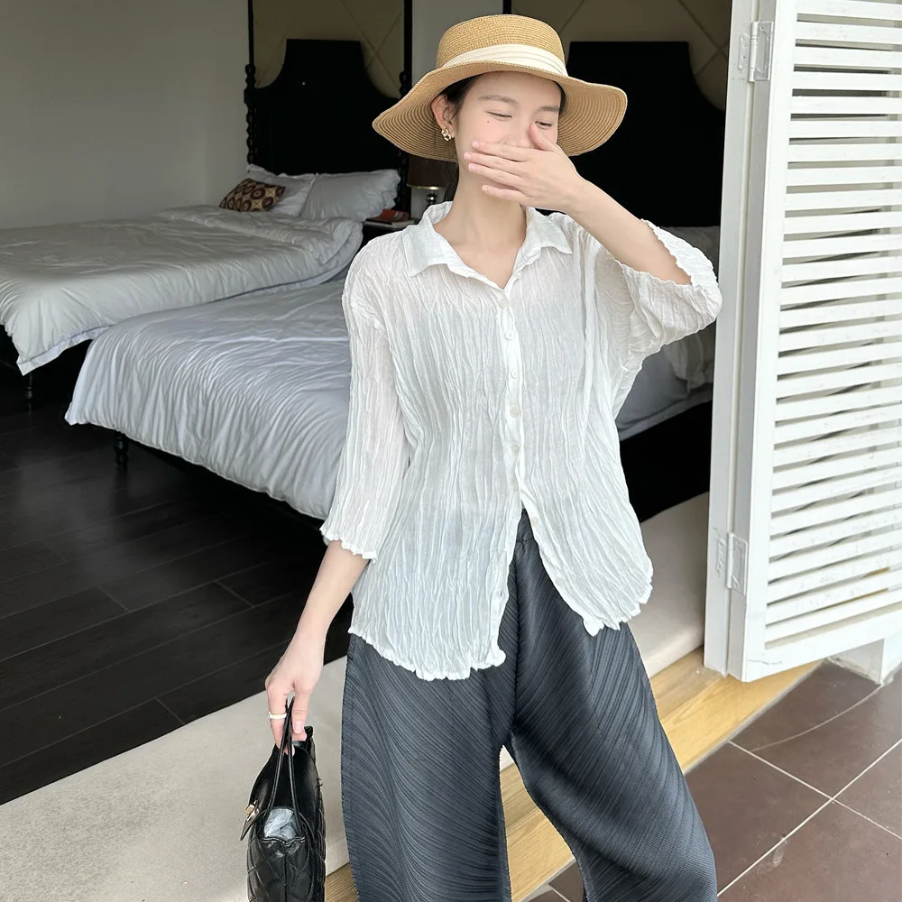 เดี่ยวสีทึบLapelผู้หญิงเสื้อMiyakeจีบ 2025 ฤดูร้อนใหม่เสื้อลําลองแฟชั่นCardiganเสื้อผ้าALSEY