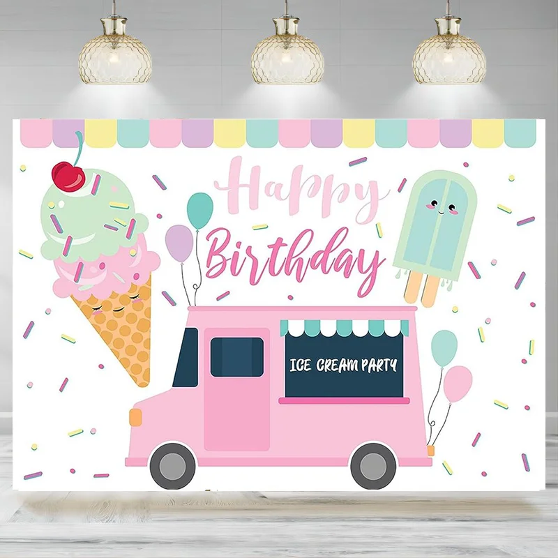 Ice Cream Birthday Party Backdrop Truck Photographic Bckground Sprinkles Theme Shop Birthday Party Decorations