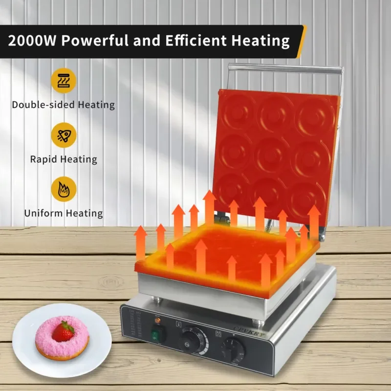 New Commercial 9-Hole Stainless Steel Doughnut Waffle Non-Stick Double-Sided Heating Temperature Control Timer 2000W