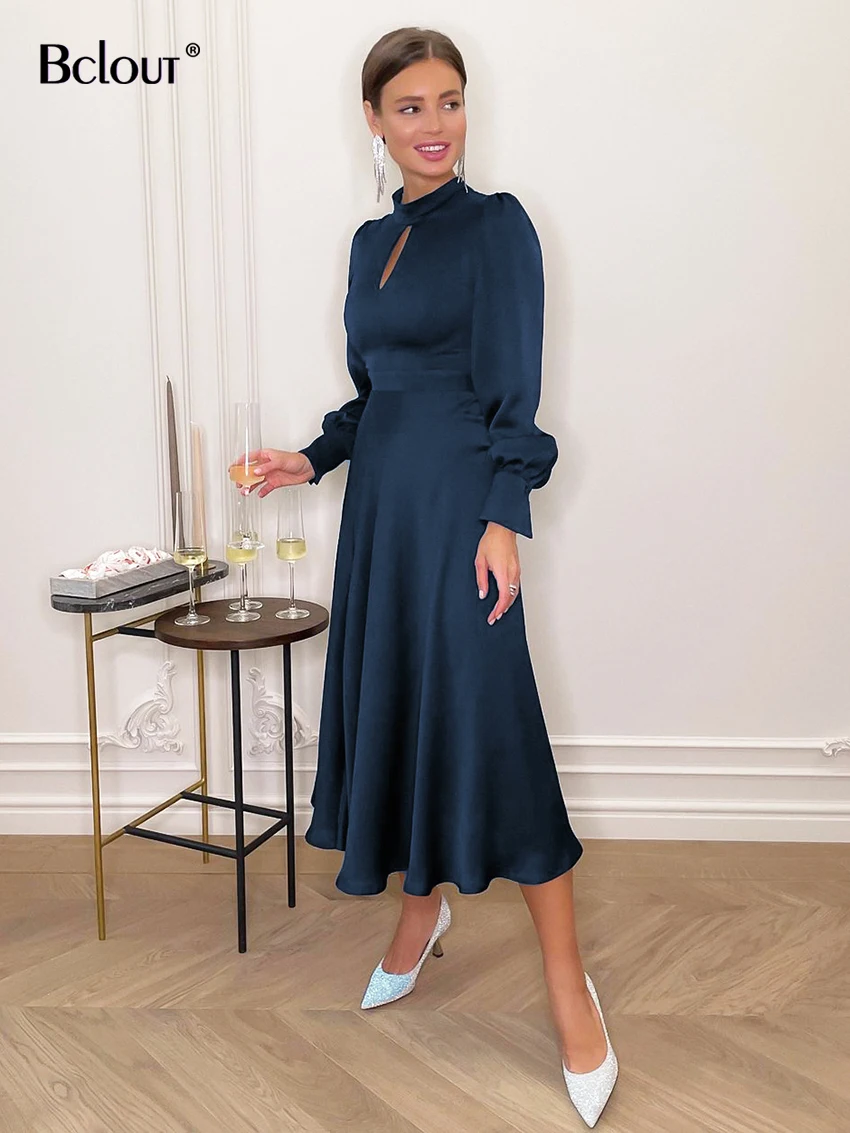 Bclout Autumn Navy Satin Dress Women Elegant Lantern Sleeve Slit Evening Dresses High Waist A-Line Pleated Party Midi Dress 2022