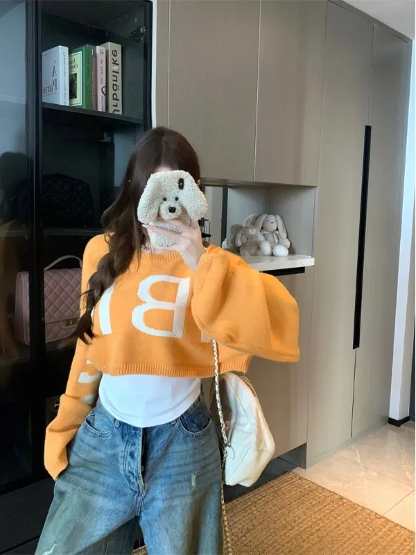 

Loose round Ne Pullover Knitted Sweater Women's ort Letter Print Casual Sle Orange Color Autumn New Arrival Top