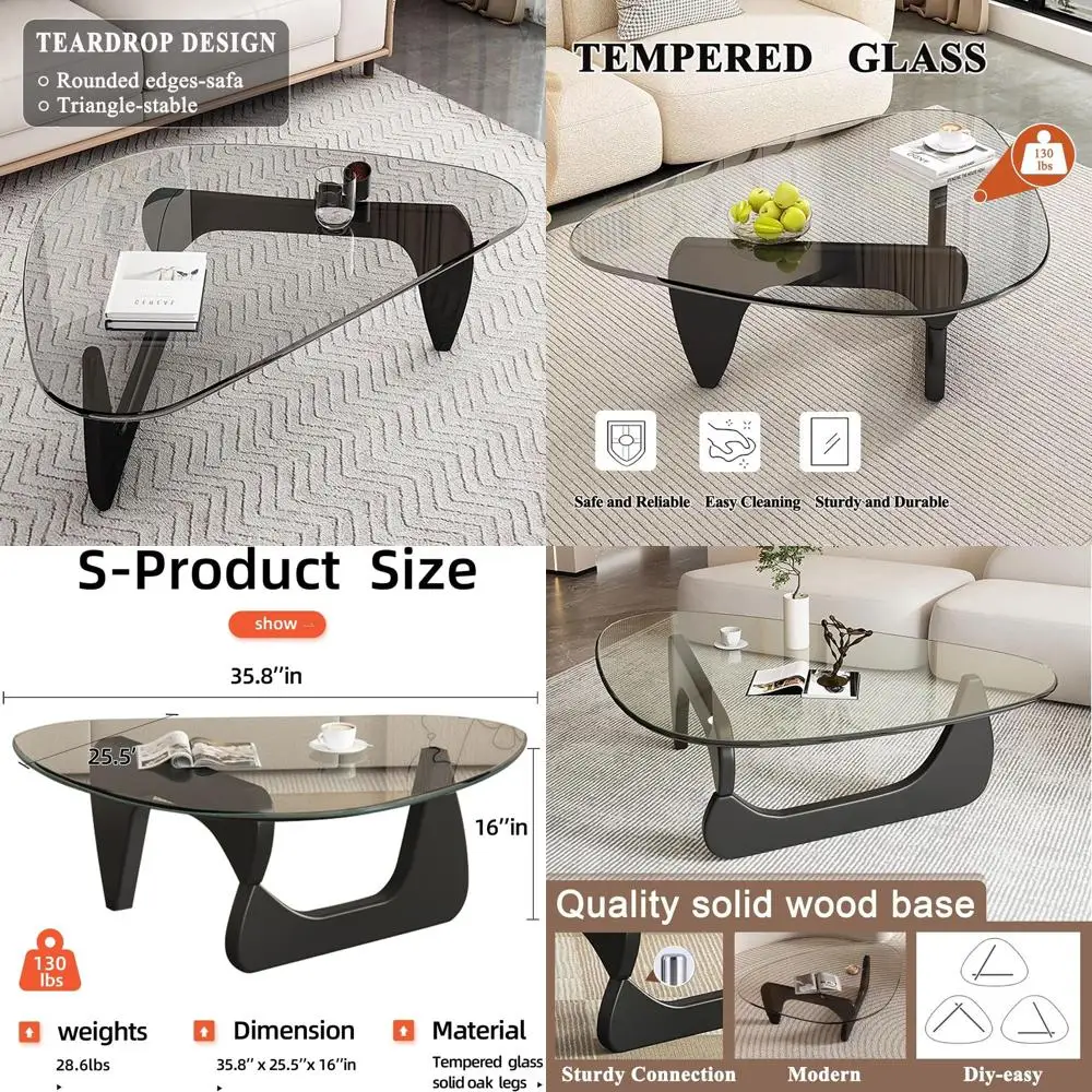 

Mid-Century Modern Glass Coffee Table, Ideal for Living Room, Bedroom, and Office Spaces (Black/Clear, Medium Size)