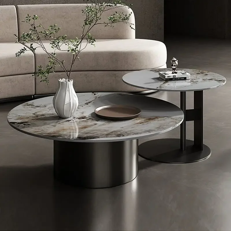 

High-end round coffee table light luxury rock slab side table living room small apartment
