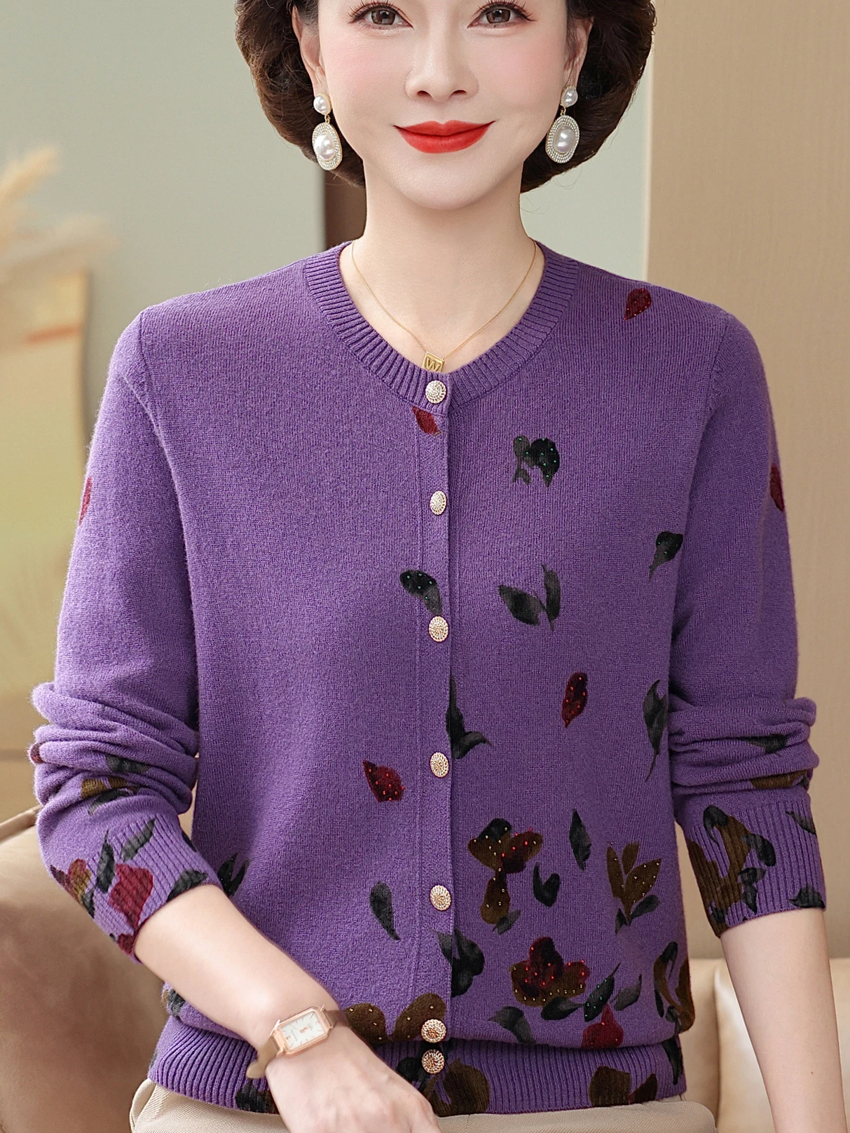 

Ladies Faionable Knitted Woolen irt Collar Button up Cardigan Printed High Quali Loose Fit Breathable Casual Top