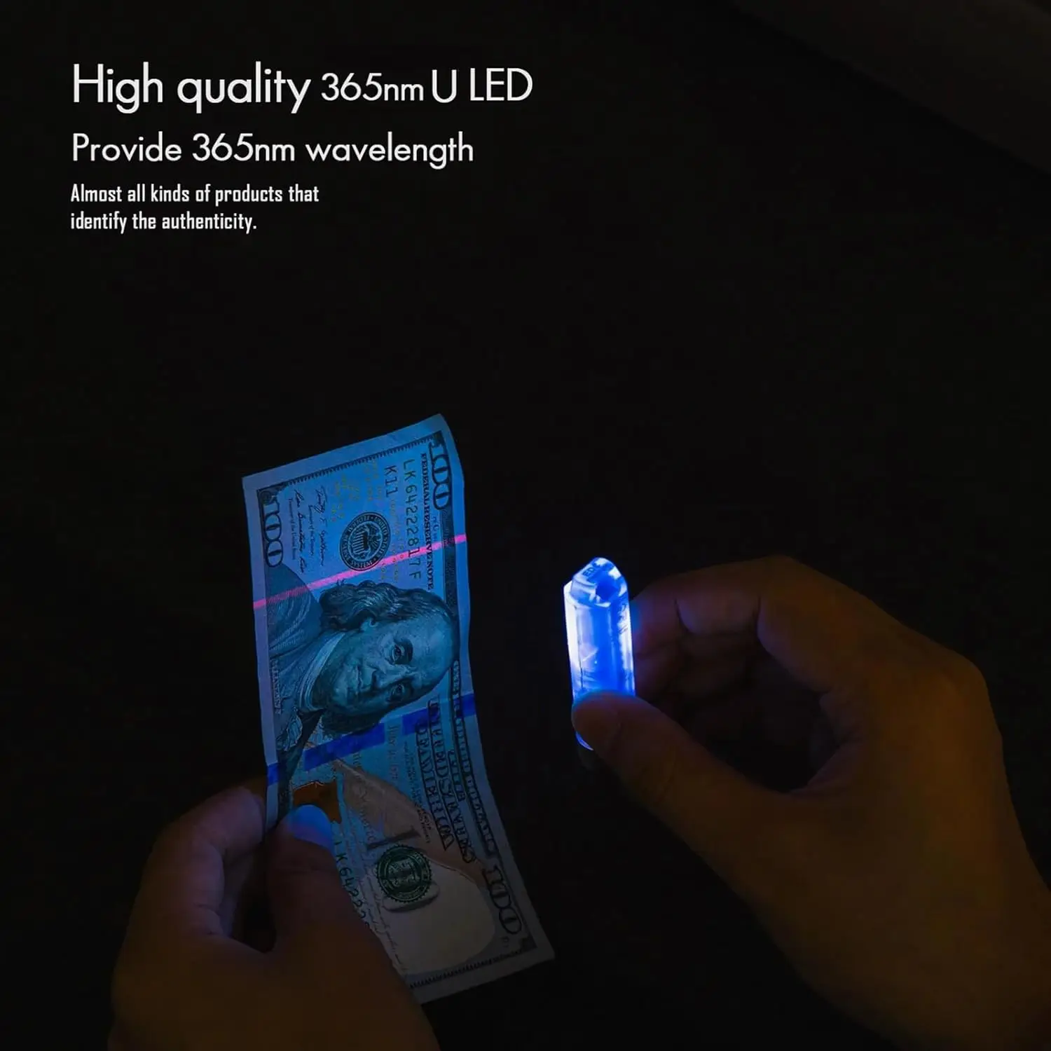 مصباح يدوي بسلسلة مفاتيح قابلة لإعادة الشحن USB-C، 650 لومن، مصابيح جانبية للأشعة فوق البنفسجية/الأحمر/الأبيض 365 نانومتر، مشبك مغناطيسي