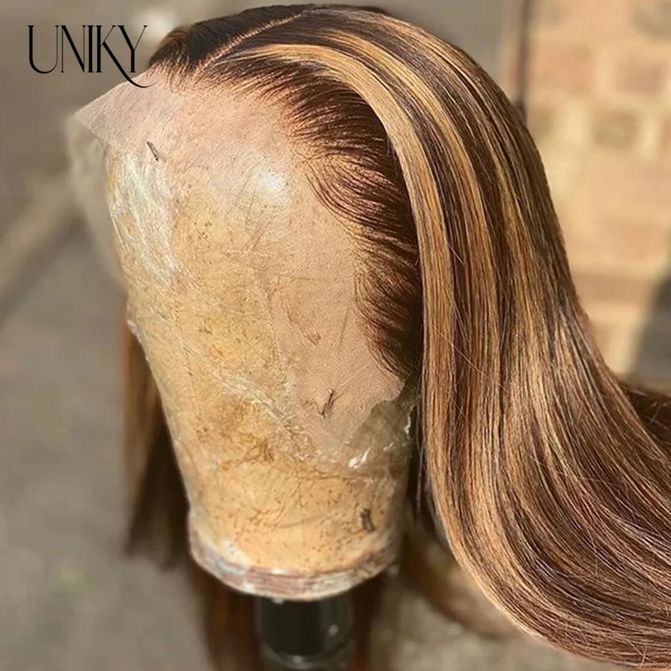 Peluca de cabello humano con reflejos HD para mujer, pelo remy brasileño, color rubio miel, ombré, encaje frontal recto