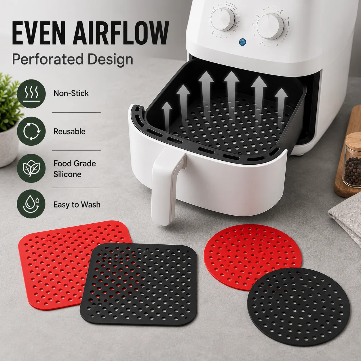 Non Stick Silicone Air Fryer Liner Reusable Cooking Mat for Baking Grilling Oil Tray Protection and Easy Kitchen Cleaning