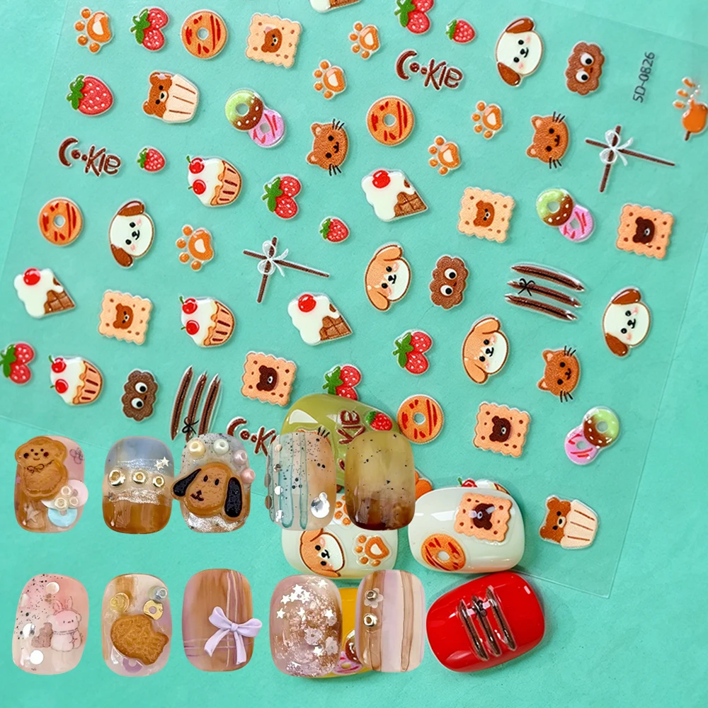5D Embossed Cute Cat Puppy Cookie Nail Stickers, Ice Cream Dessert Nail Decals, Self-Adhesive Nail Sticker Manicure Accessories