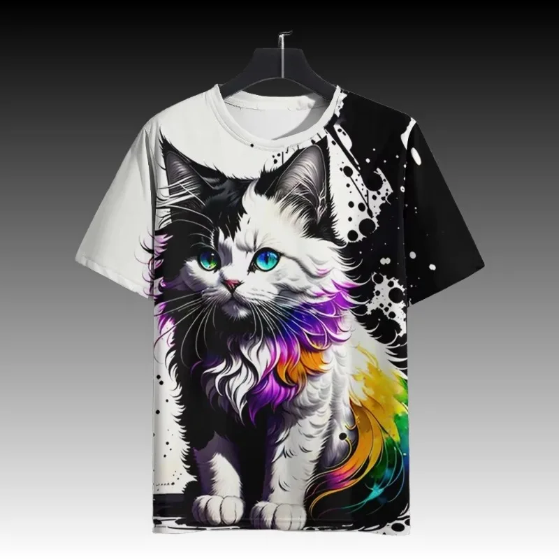 

MOTO-2025 летняя новая мужская быстросохнущая футболка с короткими рукавами и круглым вырезом с рисунком милого кота и 3D принтом