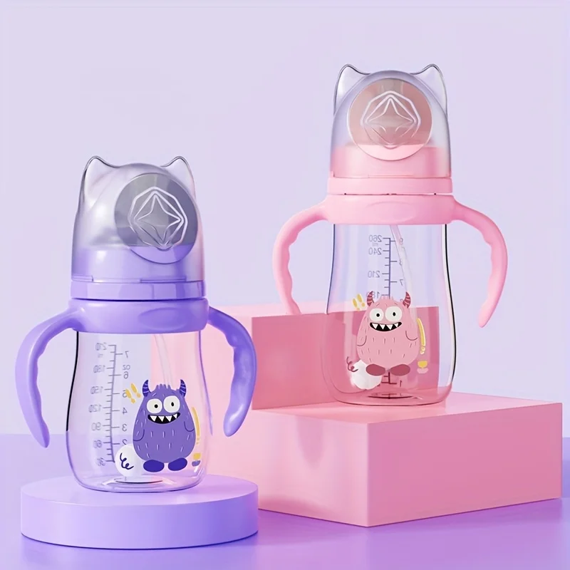 

2pcs/1pc set monster series with handle and straw baby bottle - easy to grip wide mouth, suitable for standing/sitting
