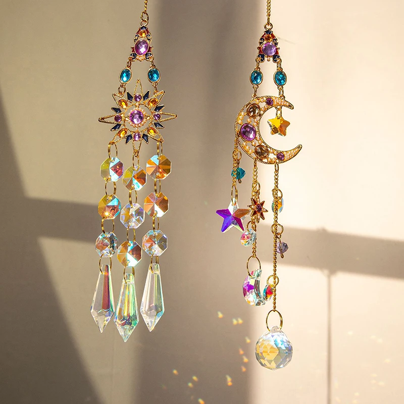 1PC Crystal Pendant Suncatcher Window Prisms Rainbow Maker Vintage Wind Chimes Sun Moon Hanging Ornament Home Garden Decoration
