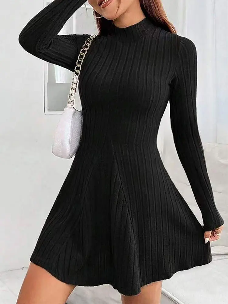 

Черное сексуальное женское платье трапециевидной формы, осеннее новое модное клубное вечернее платье с высоким воротником и длинными рукавами, женское повседневное тонкое трикотажное платье