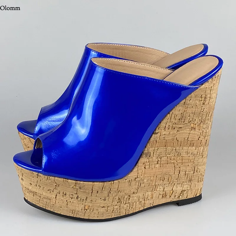 

Olomm Women Platform Mules Sandals Wedges High Heel Sandals Open Toe Gorgeous Metallic Blue Dress Shoes Women US Plus Size 5-20