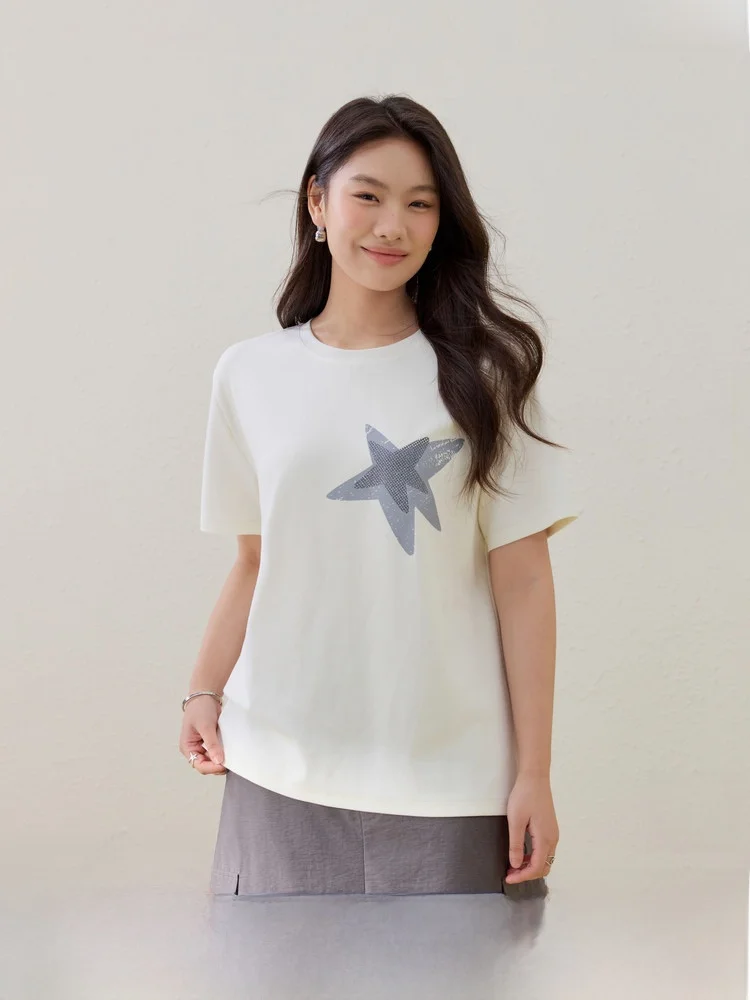 

Anti-Aging Star Pattern Casual Versatile plus Size Women's T-Shirt Korean Style Slim Fit Short Sleeve round Neck Cotton Blend