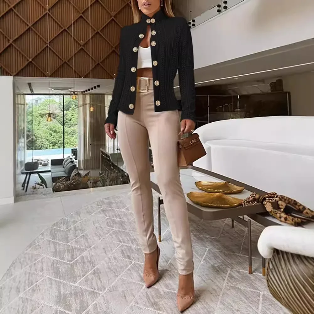 Women Stand Collar Long Sleeve Jacket Metal Buttons Decor Slim Fit Casual Outerwear