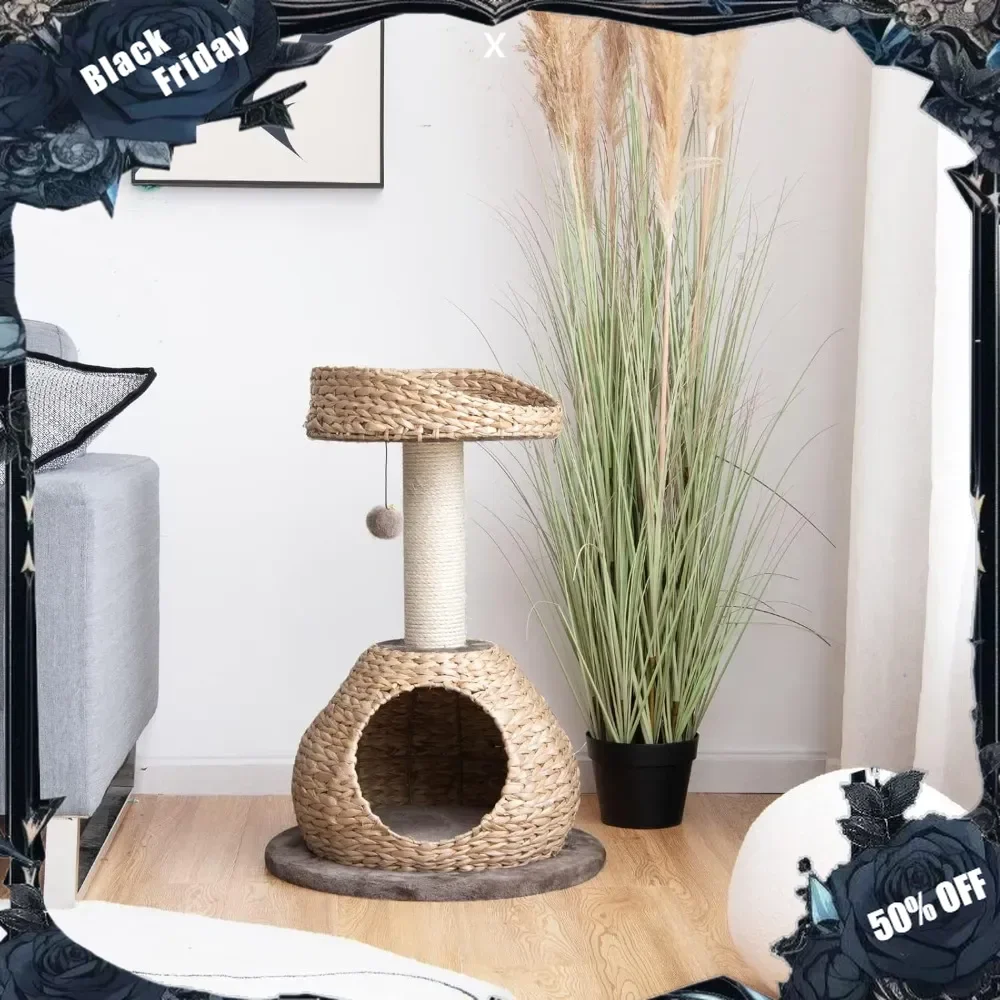 Modern Cat Tree for Indoor Cats, Small/Tall Cat Tree with Natural Sisal Scratching Post, Hand-Made Wicker Cat Condo & Top Perch