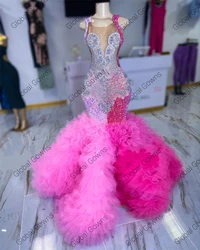 Pink Two Colors Sheer O Neck Long Prom Dress For Black Girls 2023 Beaded Crystal Ruffles Birthday Party Dresses Mermaid