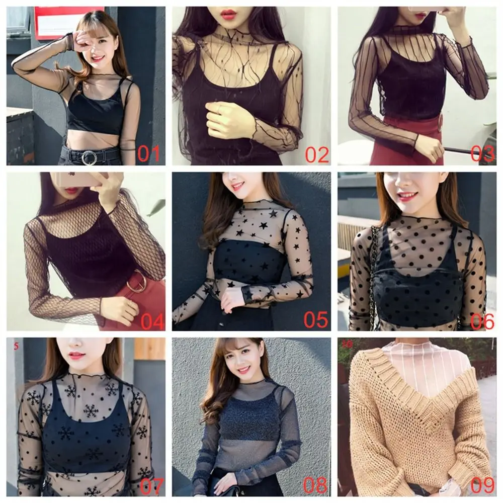 Casual Top See-Through Lace T Shirt Mesh Fishnet Turtleneck Mesh Ladies Tops Floral Sheer Black Transparent T-shirt Autumn Club