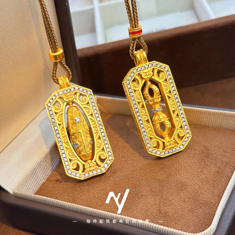 New 9999 24K real gold ancient method point diamond rotating vajra pestle pendant sweater chain Dzi beads square plate pendant