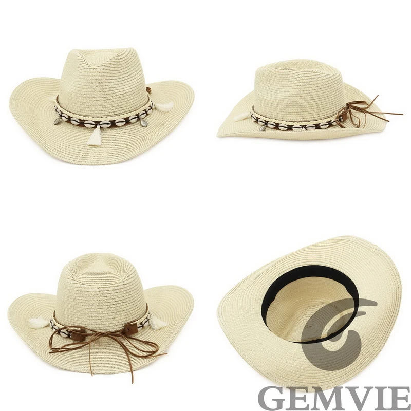 GEMVIE 2022 Shell Tassels Cowgirl Summer Hat Straw Hat for Women Men Western Cowboy Hat Lady Trendy Woven Sun Hat Beach Cap