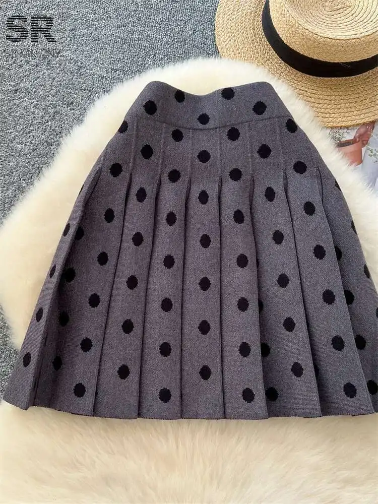 BabYoung Autumn Pleated Mini Skirt Women Elastic Waist 2024 High Quality Ladies Basics Polka Dot College Style Knitted Skirts