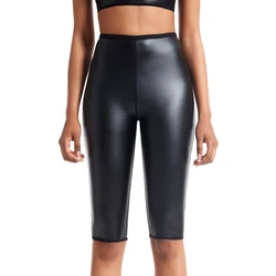 Mallas deportivas de cuero elástico para mujer, pantalones de chándal para Yoga, pantalones cortos de cuero de imitación, mallas de cintura alta